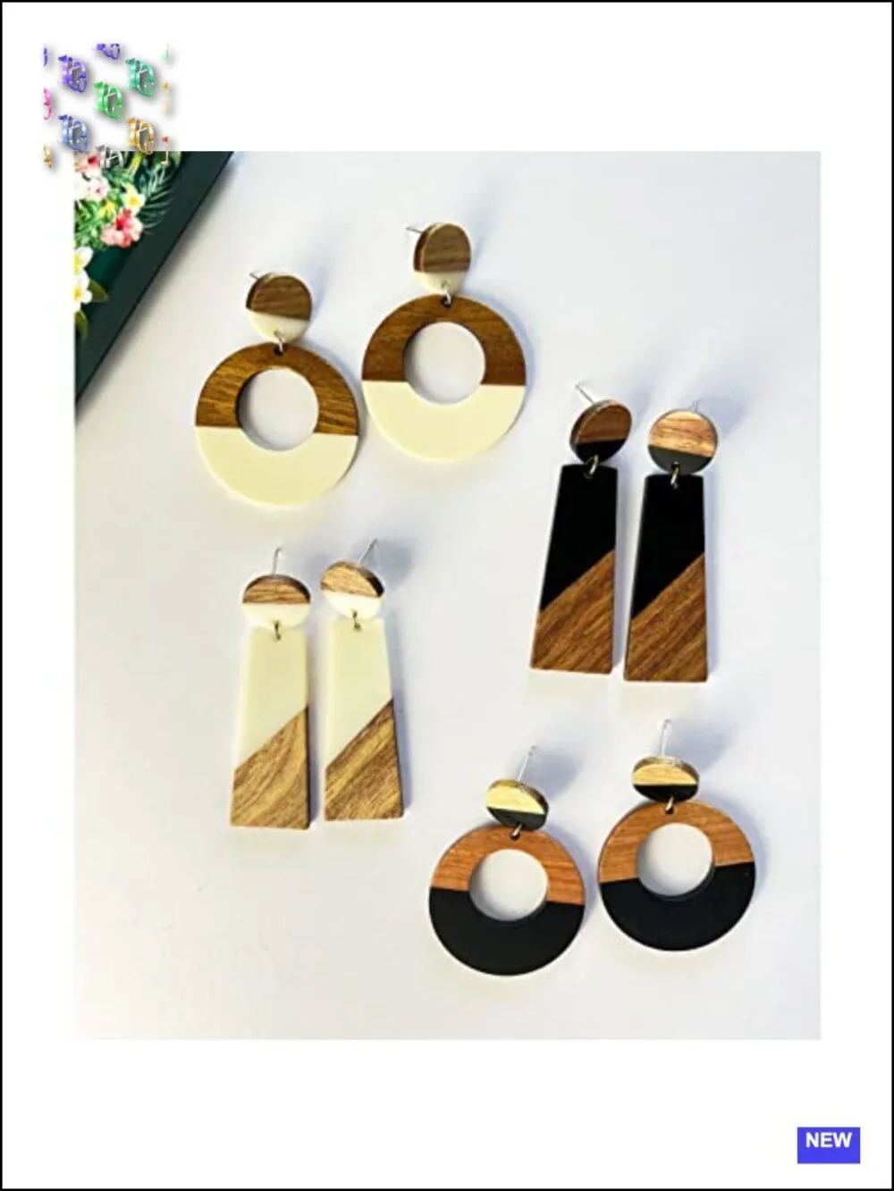 Wooden Earrings Dangle Brown Black Round Geometric Lightweight Resin Drop